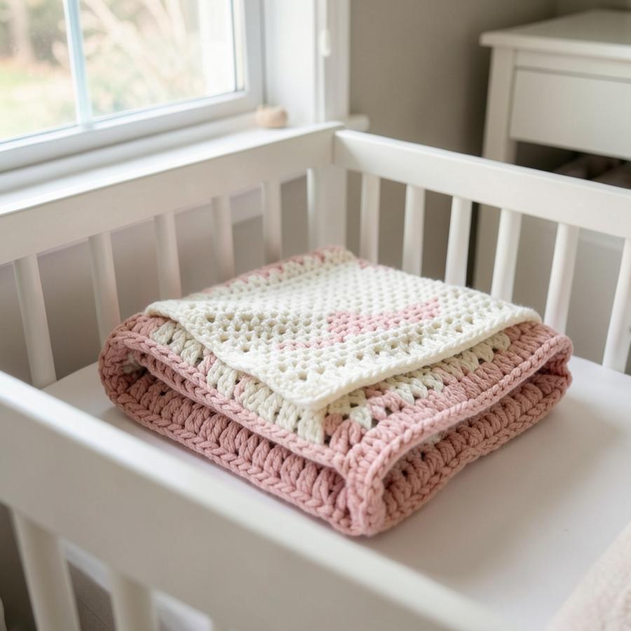Folded handmade baby blanket in a white crib