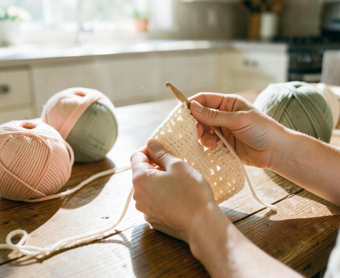Carmen's hands crocheting cream yarn at a sunlit kitchen table