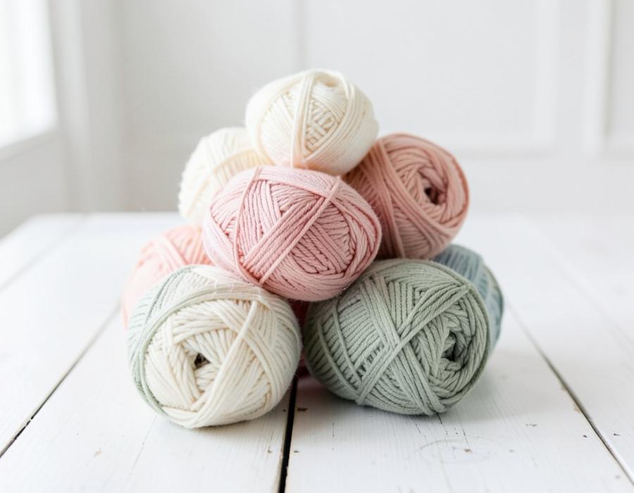 Stack of cream, blush and sage yarn balls